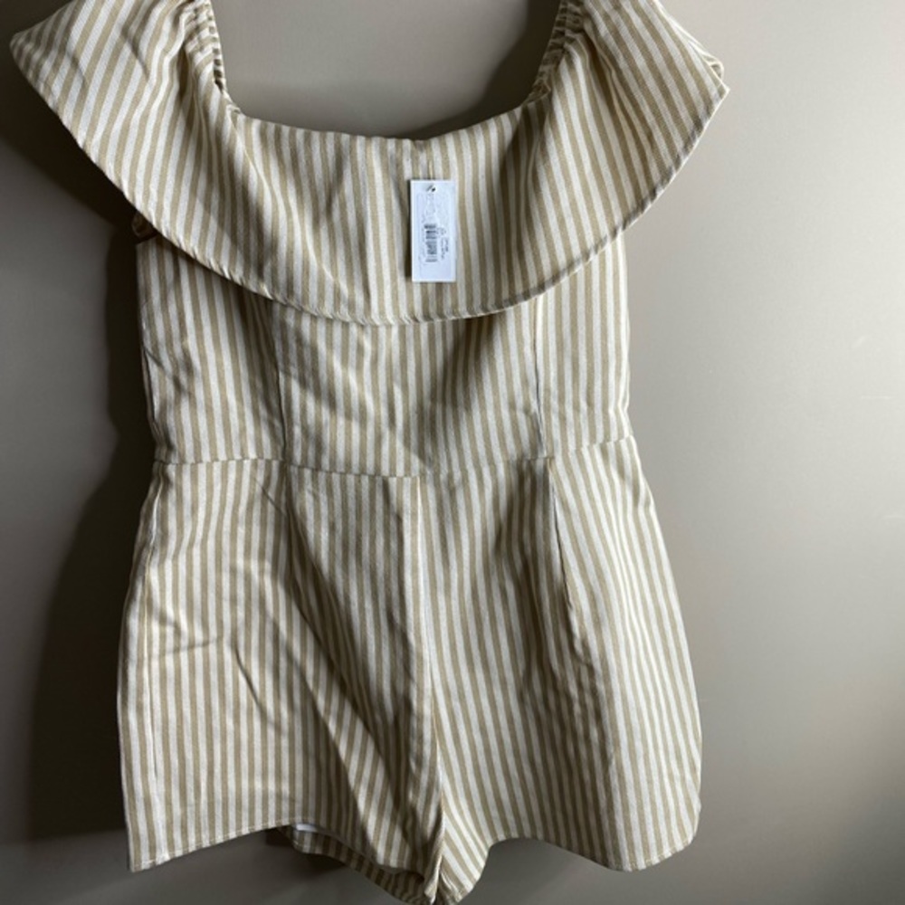Sugar Lips khaki and white striped off the shoulder romper